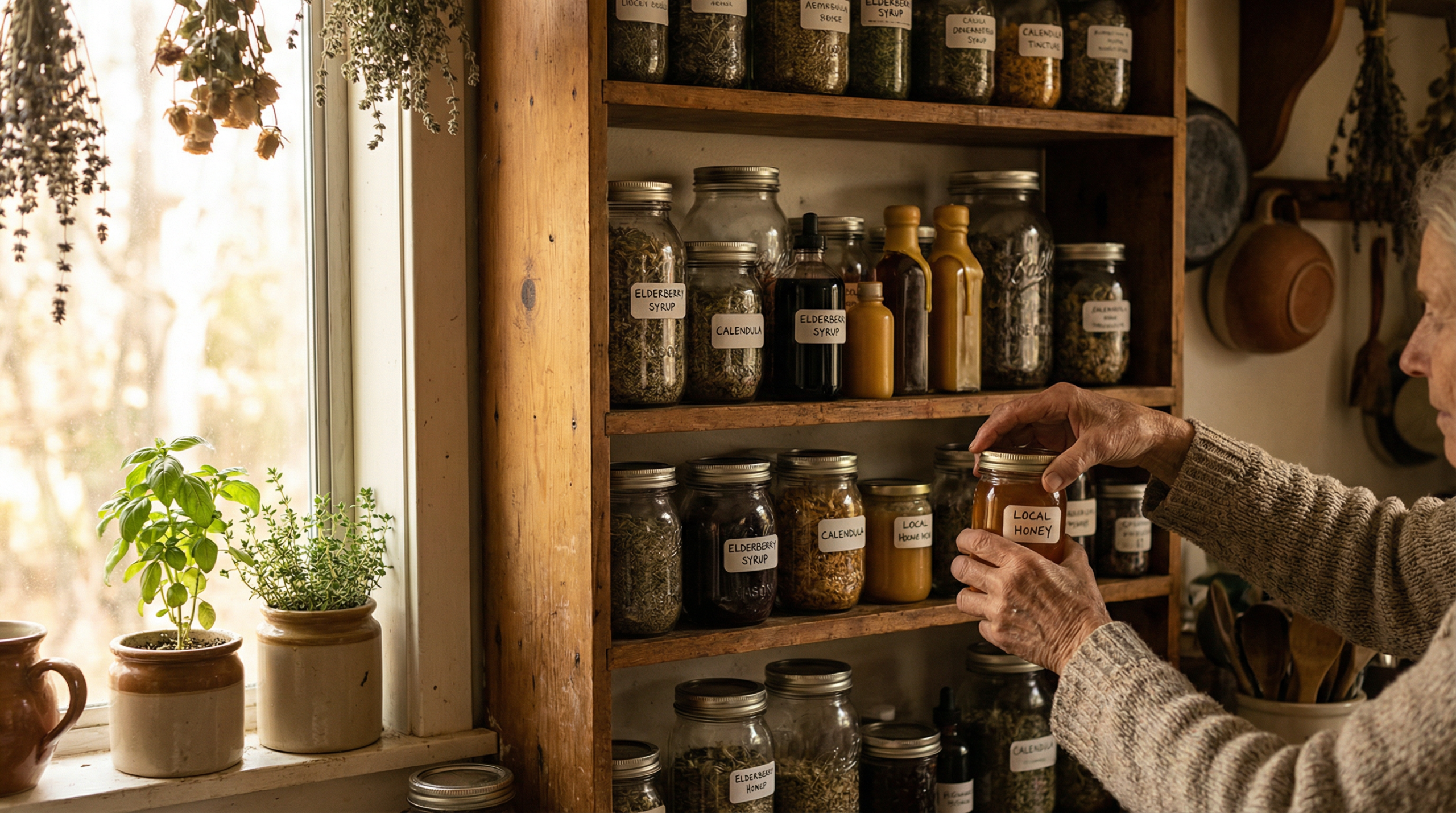 Natural health remedies on a homestead shelf