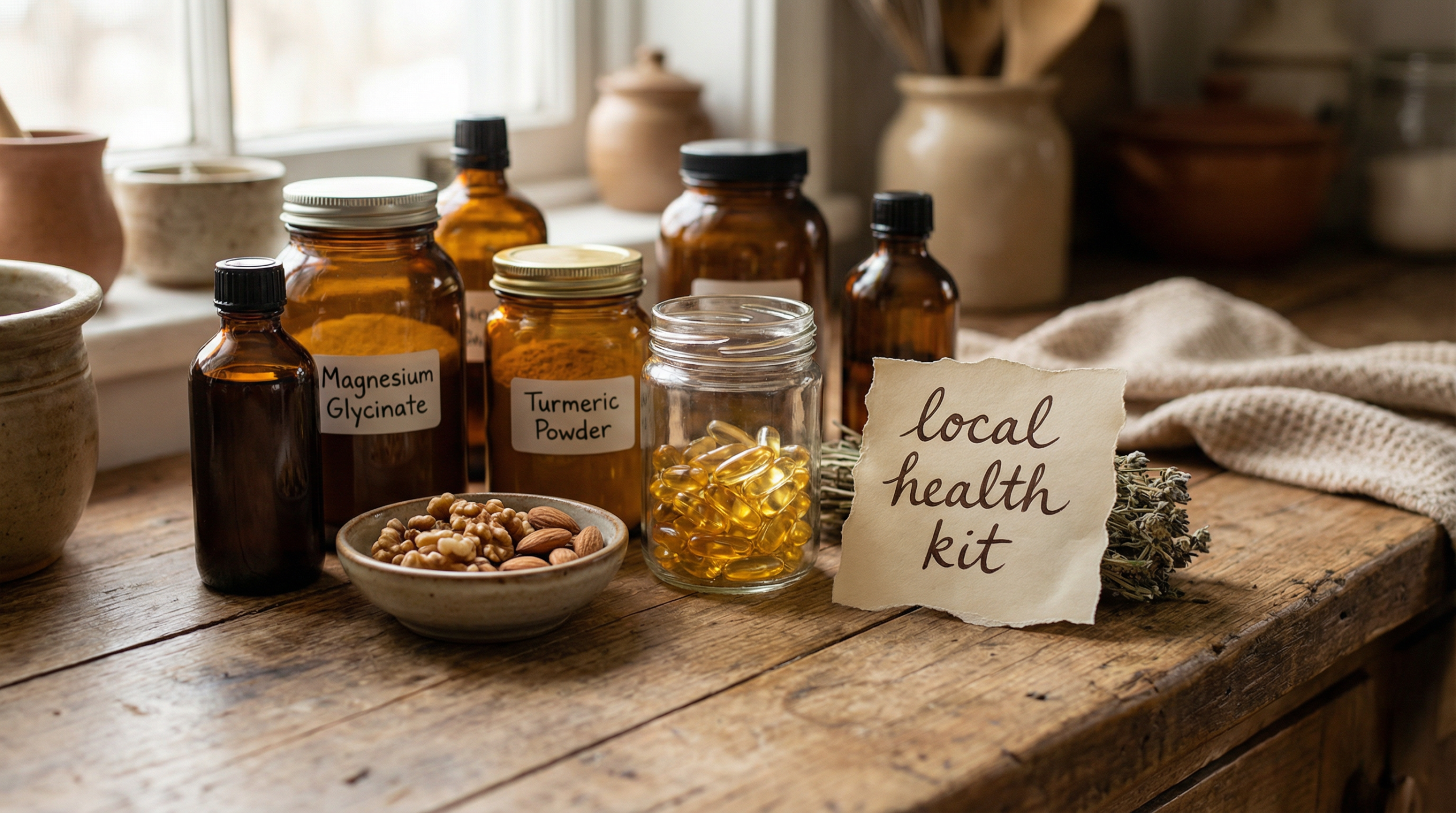 Natural health kit on a rustic homestead counter — local supplements for resilience