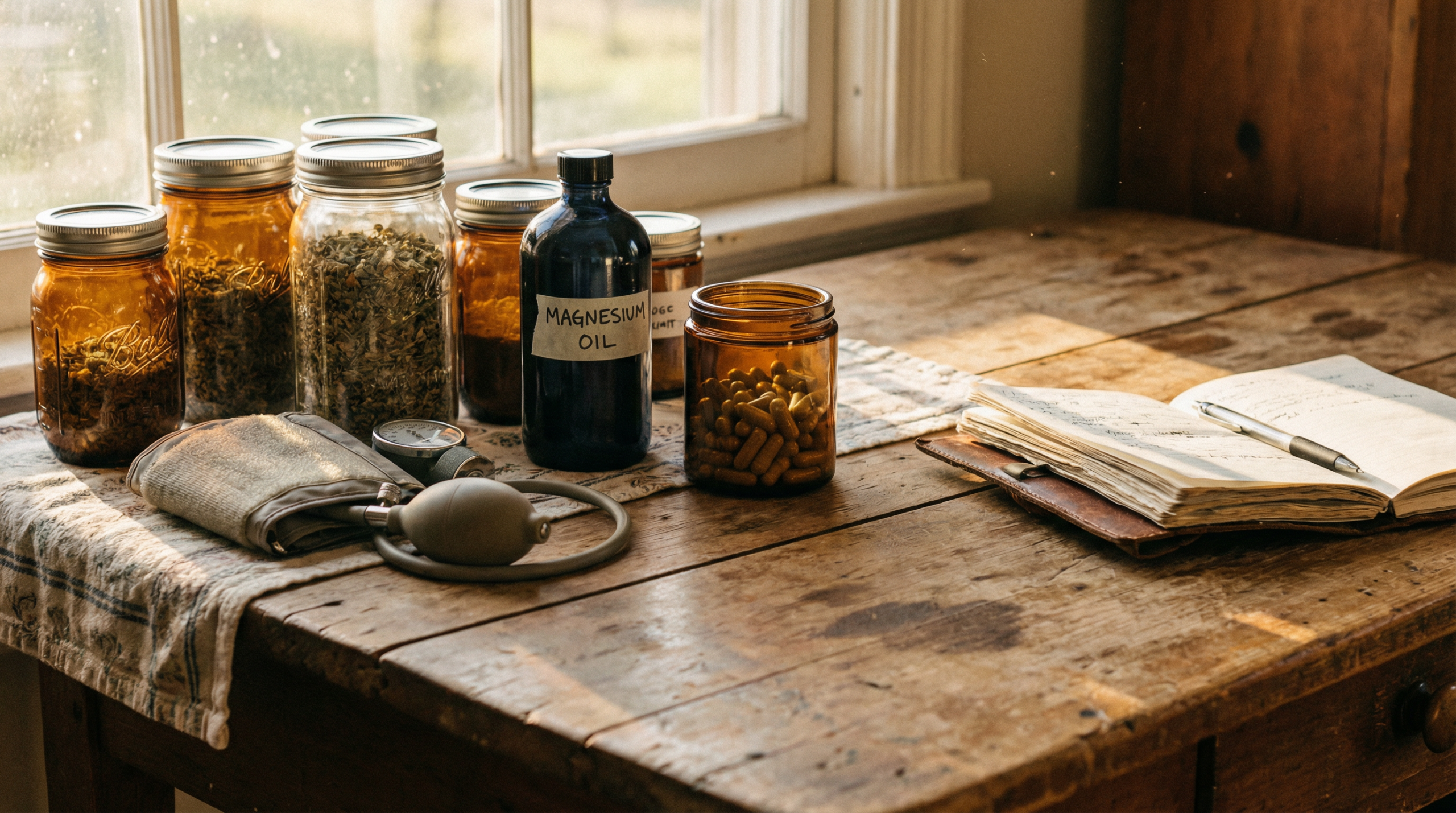 Natural home health kit on a rustic farmhouse table — local supplements for resilience