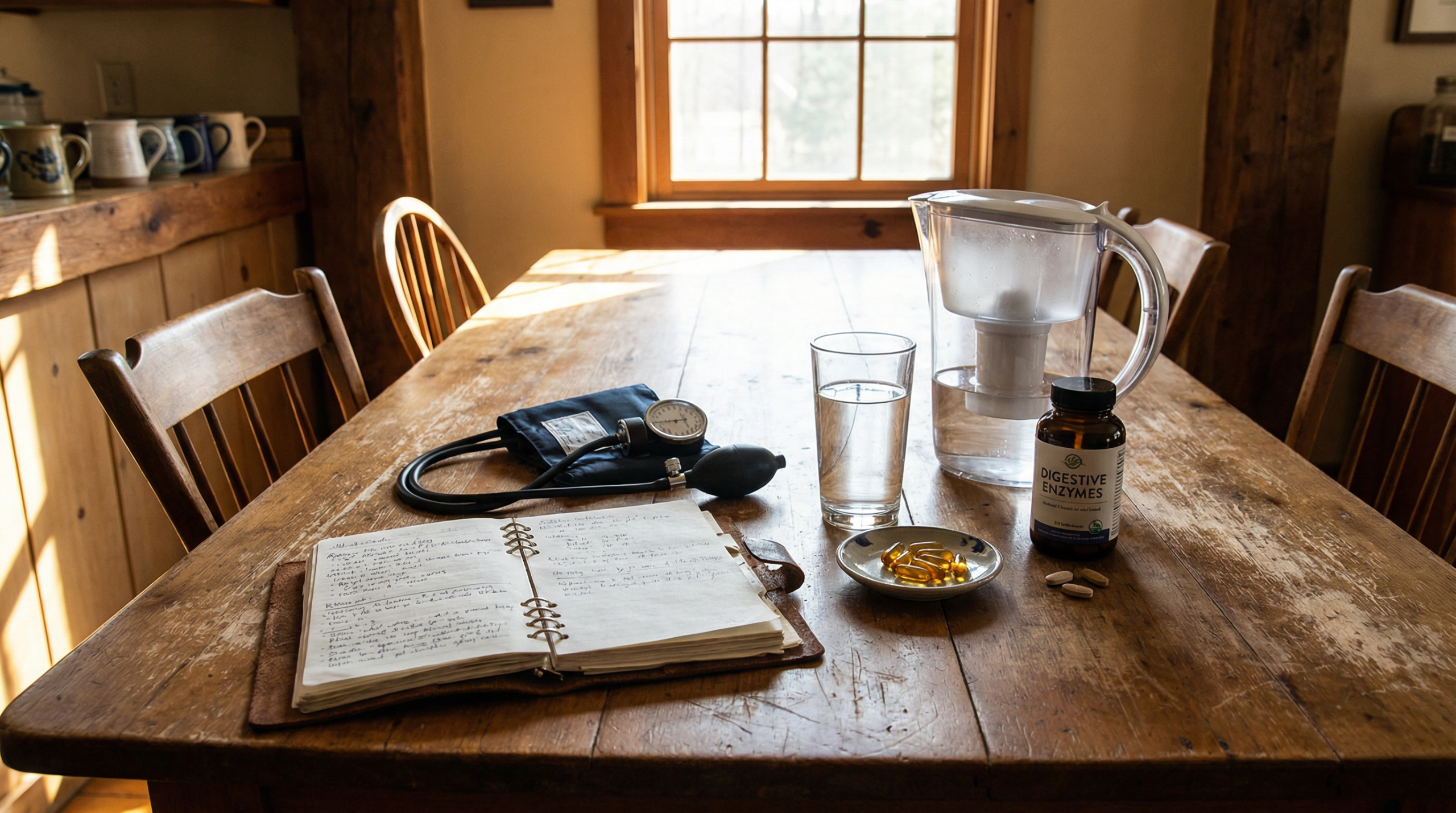 Personal health preparedness kit on a rustic farmhouse table — blood pressure cuff, digestive enzymes, omega-3 capsules, water filter, and handwritten health notes