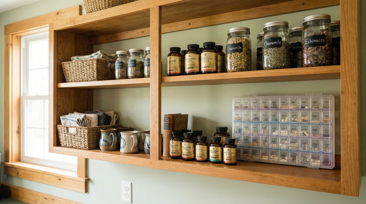 A well-organized home supplement and medicine shelf — preparedness for health sovereignty