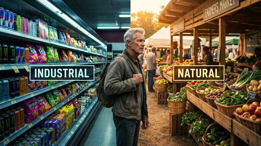 Man standing between industrial food aisle and farmers market - the biology vs systems battle