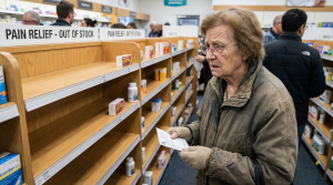 Elderly woman at empty pharmacy shelves — supply chain shortage