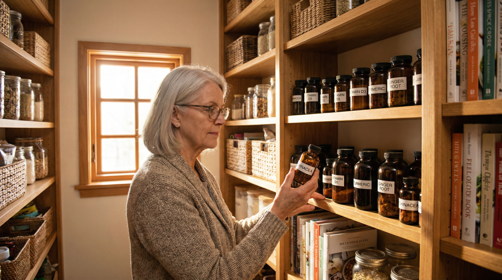 Senior woman reviewing natural supplements in her home pantry — building local health resilience