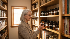 Senior woman reviewing natural supplements in her home pantry — building local health resilience