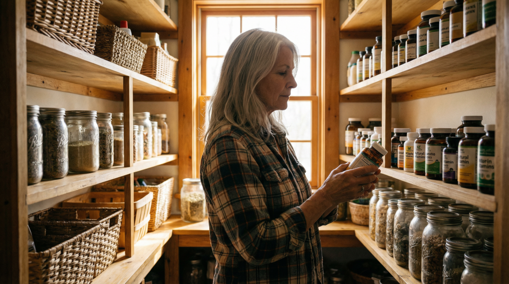 Senior woman reviewing natural supplements in her home pantry — building local health resilience