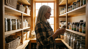 Senior woman reviewing natural supplements in her home pantry — building local health resilience