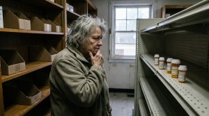 Elderly woman at near-empty pharmacy shelf - medicine shortage crisis