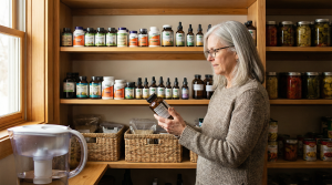 Senior woman reviewing natural supplements in her home pantry — building a 90-day health buffer